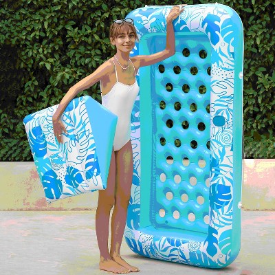Sloosh Inflatable Pool Tanning Adult Float Pool Lounger with Blue Leaf Design - Cozy, Trendy, and Perfect for Relaxation