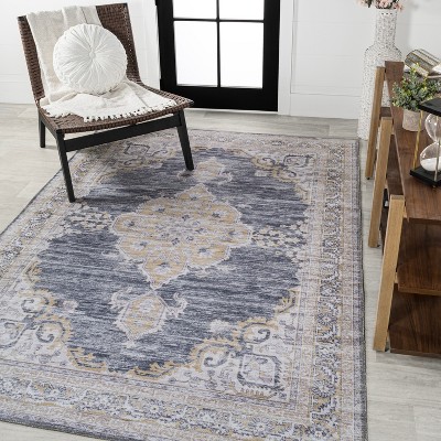Wincer Dark Gray and Yellow Cotton Chenille Medallion Washable 3 ft x 5 ft Area Rug