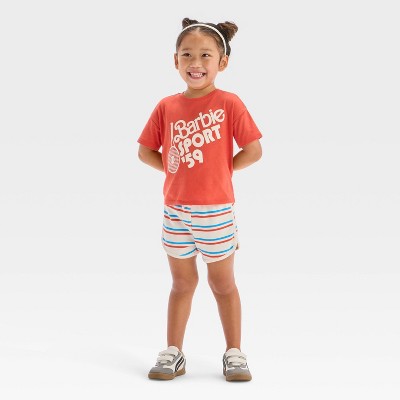 Toddler Girls' 2pc Mattel Barbie Sporty Retro T-Shirt & Striped Shorts Set - Red