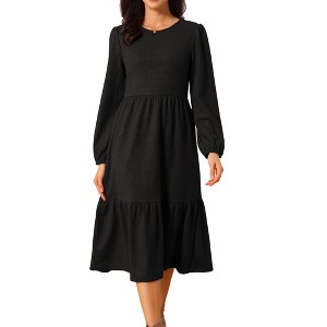 INSPIRE CHIC Women's Fall Long Sleeve Round Neck Tiered Casual Knit A-Line Midi Dress with Pockets - 1 of 4