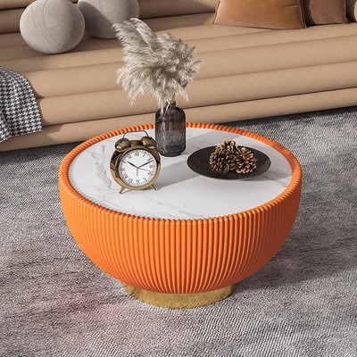 Marble Top and Leather Cup-Shaped Round Coffee Table with Brass Base, Modern Luxury Sofa Table for Living Room