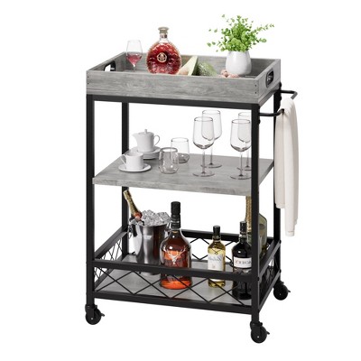 3 Tier Bar Cart with Wine Rack, Removable Tray, Wheel Locks