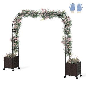 Costway 6.6 FT Tall Metal Garden Arbor with 2 Raised Garden Planters Arch Trellis Outdoor - 1 of 4