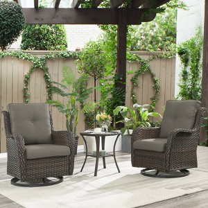 POCASSY 3PCS Patio Furniture Set with Swivel Chairs, All Weather Brown Wicker Bistro Set Outdoor Swivel Rocker Set of 2 with Side Table - 1 of 4