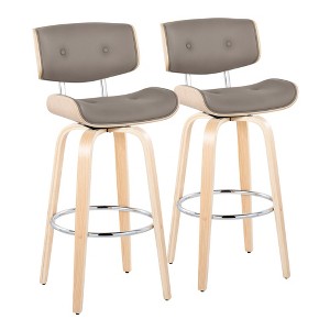 30" Mid-Century Modern Fixed-Height Swivel Barstool with Light Faux Leather and Natural Wood, Set of 2 - 1 of 4