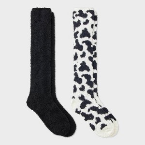 Women's Cow Print 2pk Cozy Knee High Socks - Black/White 4-10 - 1 of 3
