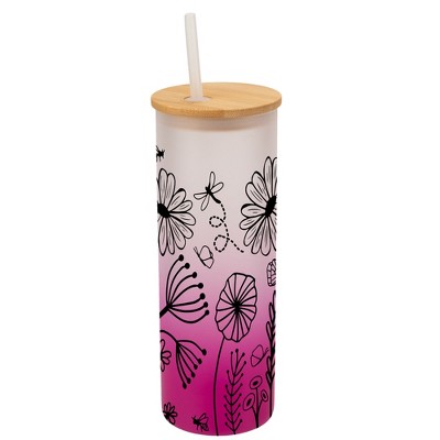 Elanze Designs Dragonfly Butterfly Bee Flower Garden Wrap-Around Design 25 Ounce Frosted Gradient Glass On-The-Go Coffee Travel Skinny Tumbler Mug