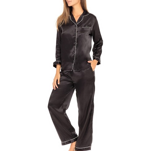 Alexander Del Rossa Women's Satin Pajamas Lounge Set, Long Sleeve Top,  Pants with Pockets, Silk PJs with Matching Sleep Mask