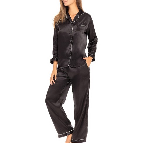 Adr Women's Satin Pajamas Set, Button Down Long Sleeve Top And