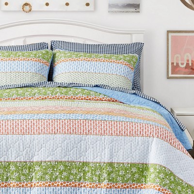 Bohemian Bliss Reversible Cotton Quilt Set in Chambray Blue, Full Size