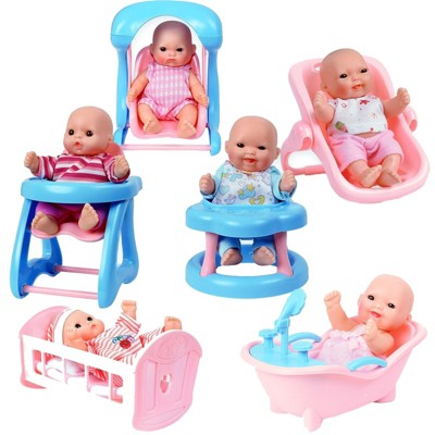 Insten Set Of 6 Mini Dolls with Cradle, High Chair, Walker, Bathtub, Swing & Baby Seat, Pretend Toys Playset for Kids
