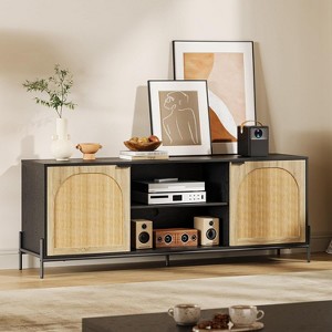 Jojoka 65-75 Inch TV Stand with Rattan Doors and Adjustable Shelves Teak Wood Floor-Mount Entertainment Console, Black - 1 of 4