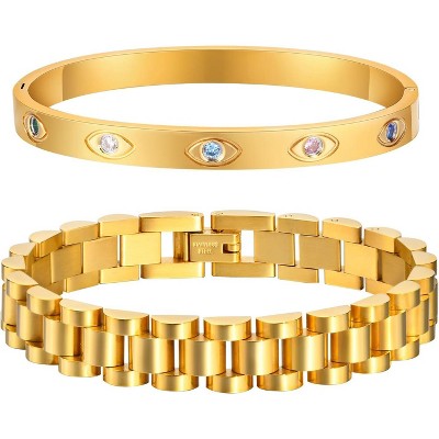 2pcs Gold Chain Link Bracelet, Stainless Steel Crystal Friendship Bracelets Bangle,Watch Band Chains Wristband