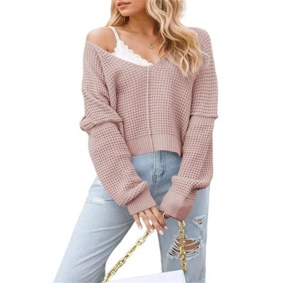 Clearlove Women's Sexy and Relaxed Off-Shoulder Knitted Sweaters with Long Sleeves and V-Neck