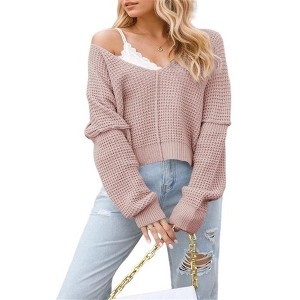 Clearlove Women's Sexy and Relaxed Off-Shoulder Knitted Sweaters with Long Sleeves and V-Neck - 1 of 4