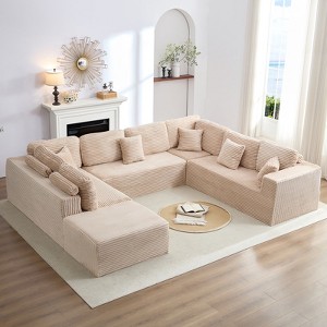 Mjkone 136" U-Shaped Modular Corduroy Sectional Sofa,Modern 7-Seater Deep Seats Sofa with Movable Ottoman - 1 of 4