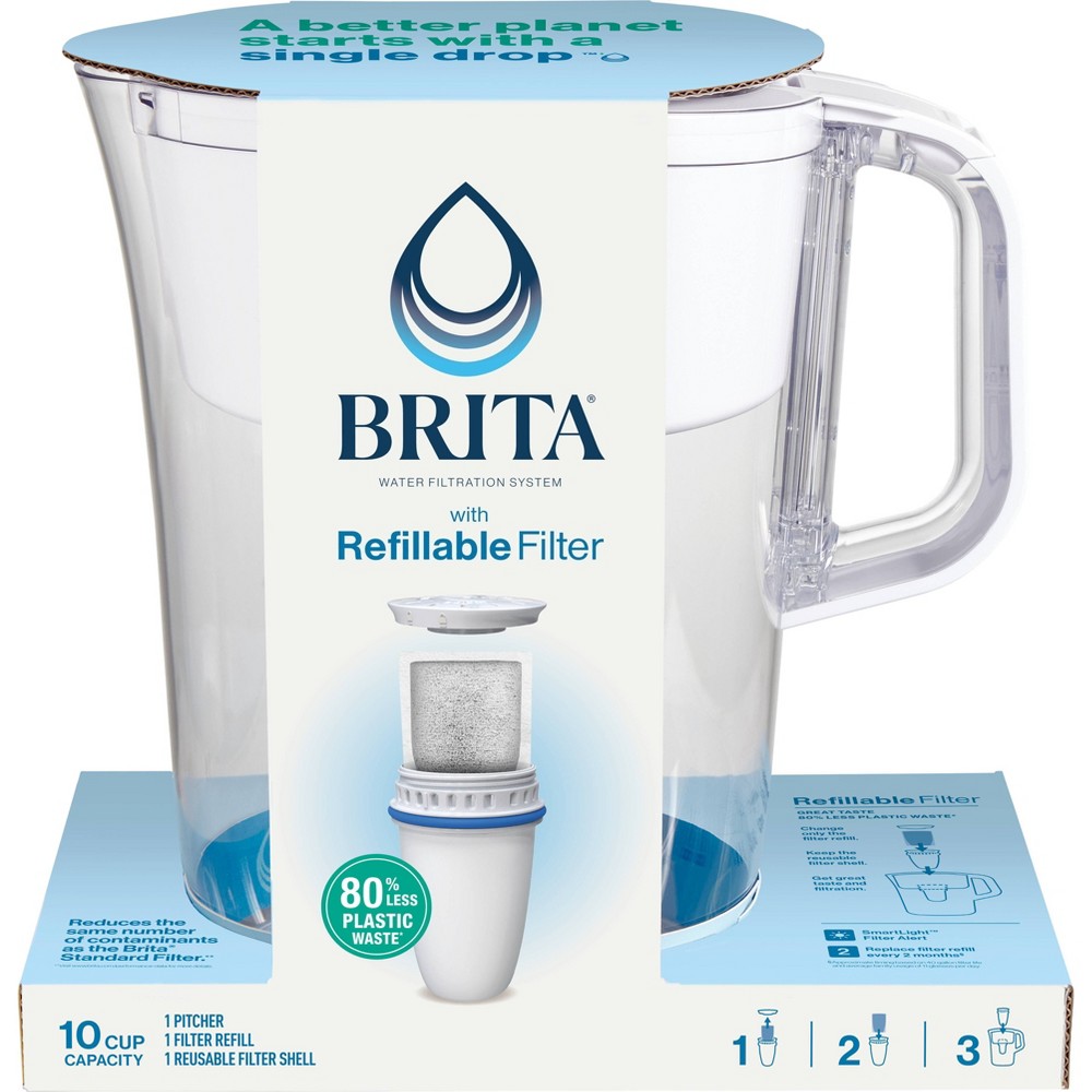 Brita Water Filter 10-Cup Tahoe Water Pitcher Dispenser with Refillable Water Filter - White