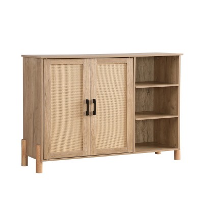 GlasFlength Utility Storage Cabinets Mid Century 3 Drawers with Woven Rattan Doors for Living Room Dining Room, Beige, 35.4"*11.8"*31.5"