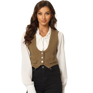 Allegra K Women's Vintage Button-Up Sleeveless Cropped Jean Waistcoat Vest - 1 of 4