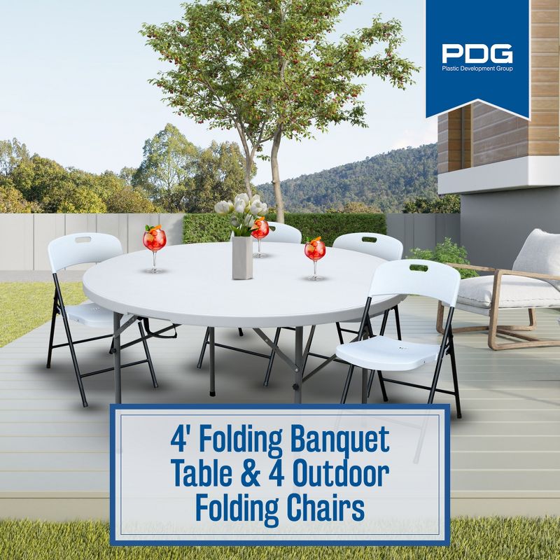 Plastic Development Group 4 Foot Round Fold In Half Folding Banquet Table and 4 Pack of Outdoor Plastic Folding Party Chair, White, 4 of 7
