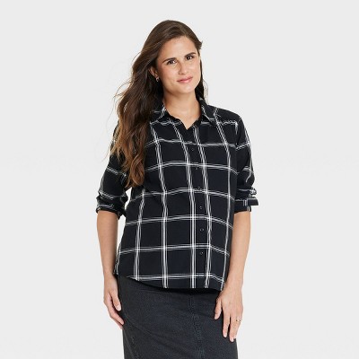 Image of Woven Long Sleeve Button-Front Maternity T-Shirt - Isabel Maternity by Ingrid & Isabel™ Black Plaid M