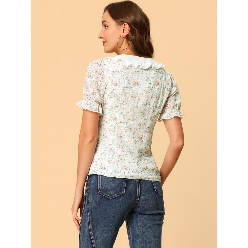 Allegra K Women's Floral Embroidered Shirt Pleated Round Neck Ruffle Peasant Top, 5 of 7