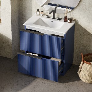 Lyngins Modern Fluted Design Freestanding Vanity, Bathroom Vanity with Ceramic Sink, Dual-Tier Split Full-Extension Drawers - 1 of 4