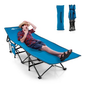 Tangkula Folding Camping Cot for Adults Heavy-duty Sleeping Cot w/3-In-1 Pocket Carry Bag Portable Tent Cot for Travel Blue - 1 of 4
