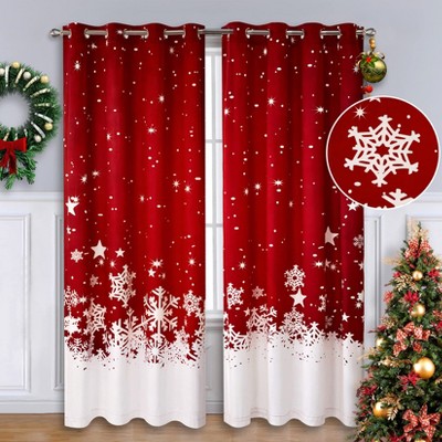 GustoWave Christmas Curtains 2 Panels Set for Living Room, Red Velvet Room Darkening Curtains, Floral Snowflake Decoration Curtains
