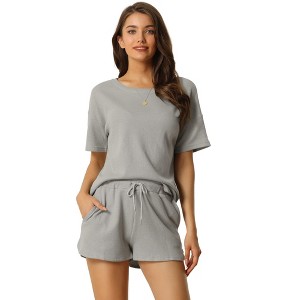 cheibear Women's Casual Pullover Short Sleeve Sleepshirt with Shorts Waffle Pajama Sets - 1 of 4