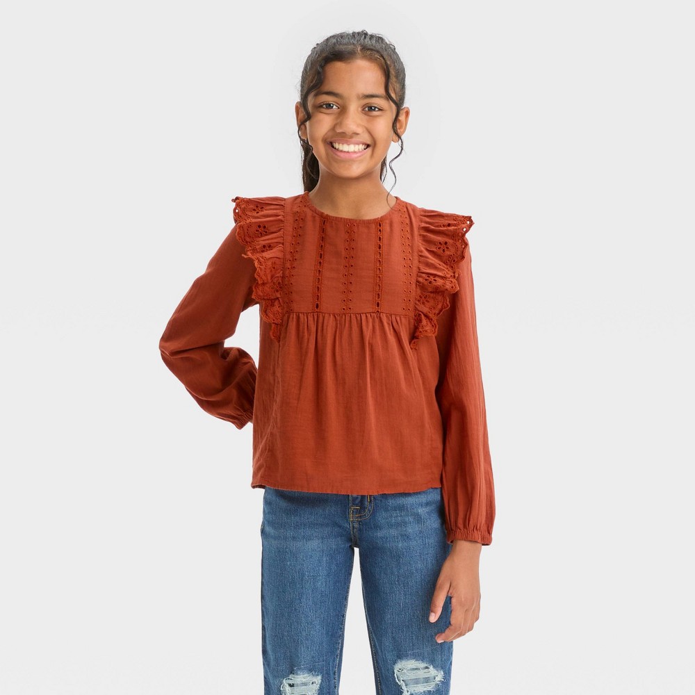 Sizes XS -S-M-L-XL Girls' Long Sleeve Woven Ruffle Shirt - Cat & Jack™ Chestnut Orange 