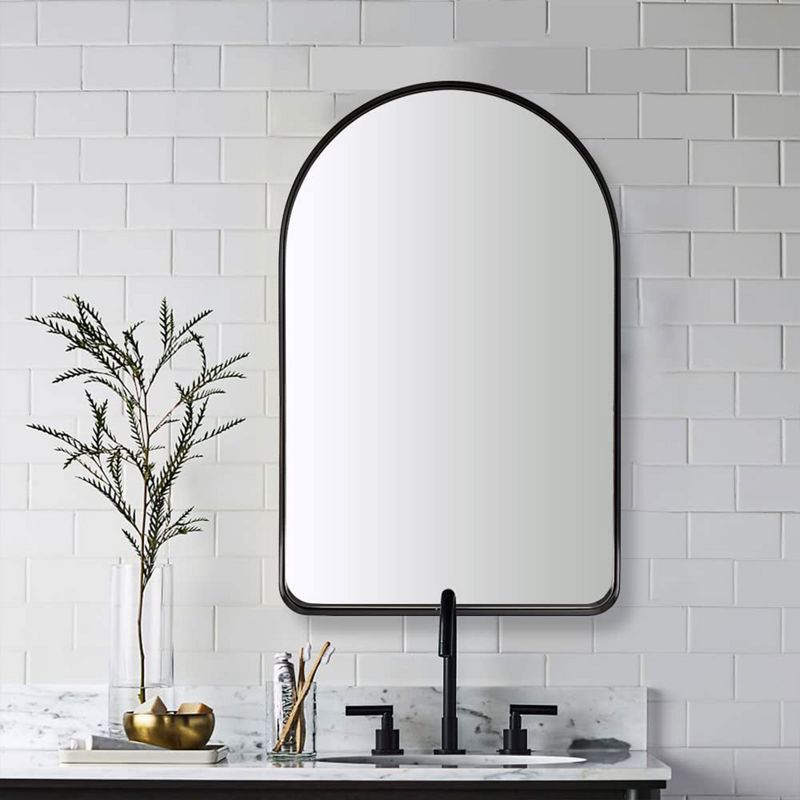 ANDY STAR Modern 20 x 30 Inch Arched Frame Wall Mounted Vanity Mirror w/ Steel Frame, No Distortion Floating Glass, & Pre Installed Hooks, Matte Black, 4 of 7
