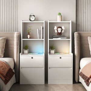 MOEPISY Nightstands Set of 2, with Charging Station, Modern Night Stand with Bookshelf, White - 1 of 4