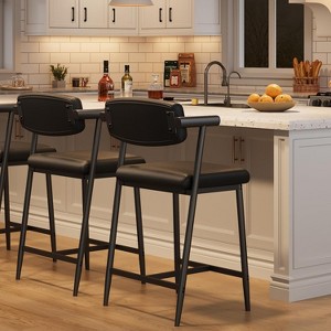 26" Counter Height Upholstered Bar Stools Set of 2 With Arms and Back, Modern Bar Stools Set With Footrest for Kitchen Island, Counter Bar, Black - 1 of 4