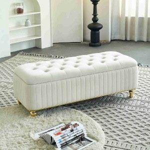 CAVINAS Velvet Storage Ottoman Bench,Upholstered Ottoman with Gold Embroidery Footstool for Living Room,Bedroom,Beige/Black - 1 of 4
