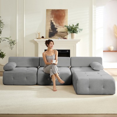 Mjkone L-Shaped Velvet 3-Seater Modular Sectional Sofa With Ottoman, Convertible Sofa Couches with Rivet Trim