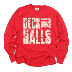 Deck the Halls Block Distressed - Women's Garment Dyed Long Sleeve Graphic T-Shirt - 1 of 4