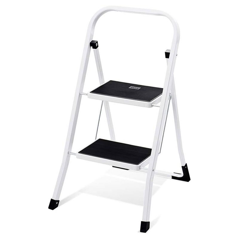 Delxo Non-Slip 2 Step Stool Folding Sturdy Steel Wide Step Ladder with Hand Grip and Locking Mechanism for Indoor Household Kitchens, White, 1 of 8