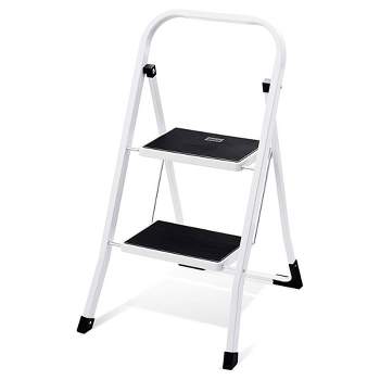Delxo Non-Slip 2 Step Stool Folding Sturdy Steel Wide Step Ladder with Hand Grip and Locking Mechanism for Indoor Household Kitchens, White