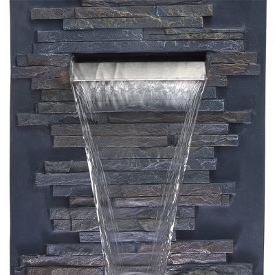 Gray Polystone and Fiberglass Cascading Wall Fountain with LED Lights