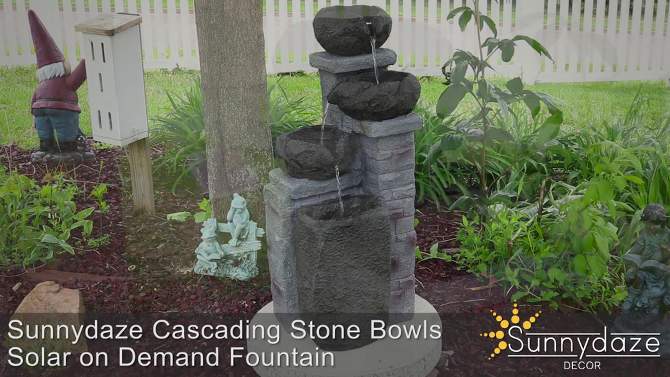 Sunnydaze Outdoor Polyresin Solar Powered Stone Bowls Water Fountain with LED Lights and Backup Battery - 30", 2 of 14, play video