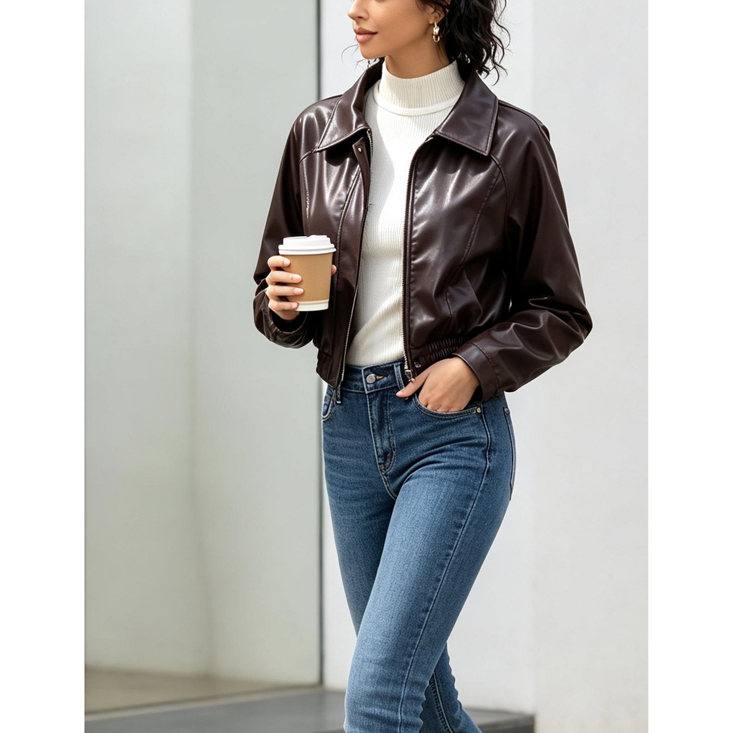 Женская куртка YesFashion Vintage Lapel Zip-Up Cropped Moto Jacket Long Sleeve Short Outerwear Street Casual Layering Top, M, Brown, цвет: Коричневый — фото 3