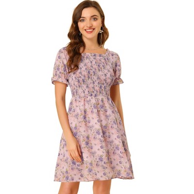 Allegra K Women's Square Neck Summer Short Sleeve Floral Smocked Dress