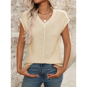 Womens Tops Casual V Neck Short Sleeve Chunky Knit Sweater Top - 1 of 4