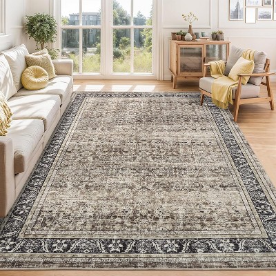 Washable Vintage Floral Rug - Low Pile Non-Slip Indoor Carpet for Living Room, Bedroom, Dining Room