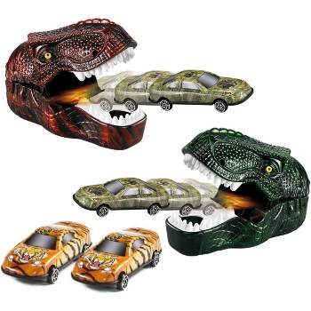 KOVOT Dinosaur Car Shooter Playset: 2 Dino Heads & 4 Clicking & Shooting Cars Included