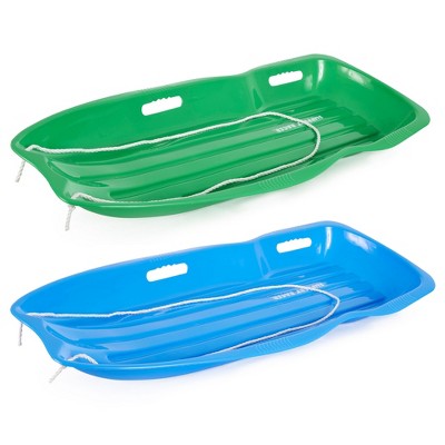 Slippery Racer Downhill Xtreme Flexible Adults and Kids Plastic Toboggan Snow Sled for Up To 2 Riders with Pull Rope and Handles, Blue and Green