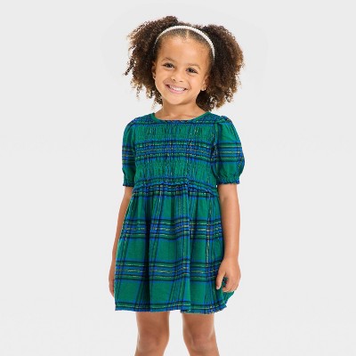 Toddler Girls' Short Sleeve Plaid Dress - Cat & Jack™ Green 3T