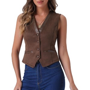 Allegra K Women's V Neck Faux Suede Button Down Side Pockets Sleeveless Vest - 1 of 4