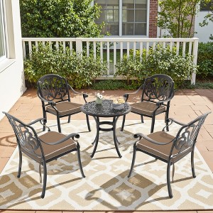 5-Piece Cast Aluminum Outdoor Dining Set: Round Table, Stackable Chairs & Brown Cushions - All-Weather Patio Furniture for Your Backyard - 1 of 4